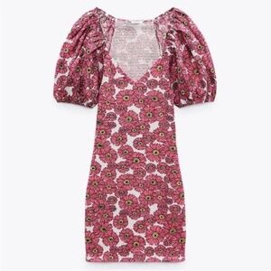 Zara Pink Floral Mini Dress with Puff Sleeves